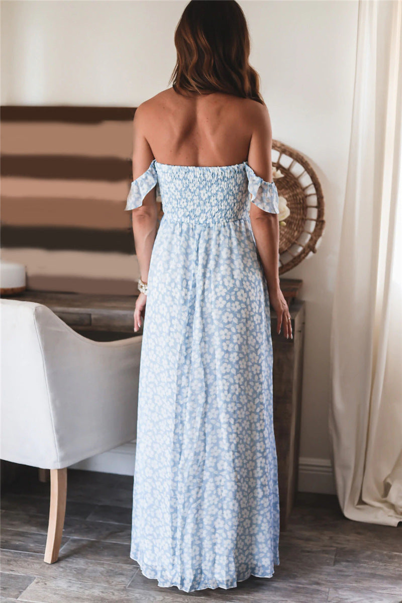 Floral Print Off Shoulder Smocked Empire Maxi Dress