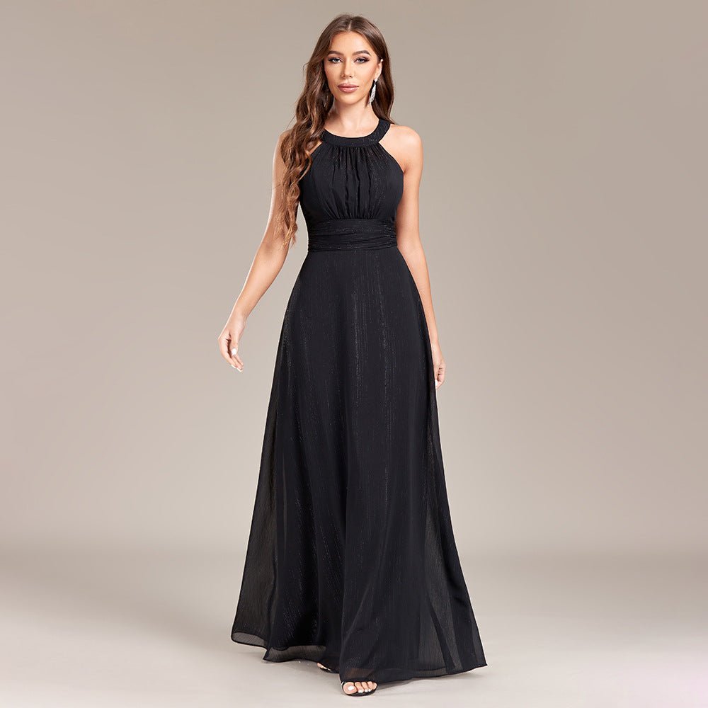 Halter Neck Pleated Waist Chiffon A-Line Maxi Gown - View 3