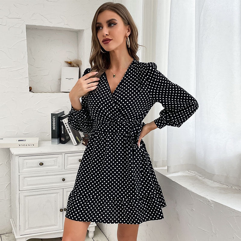 Polka Dot V-Neck Long Sleeve Ruffle Wrap Mini Dress
