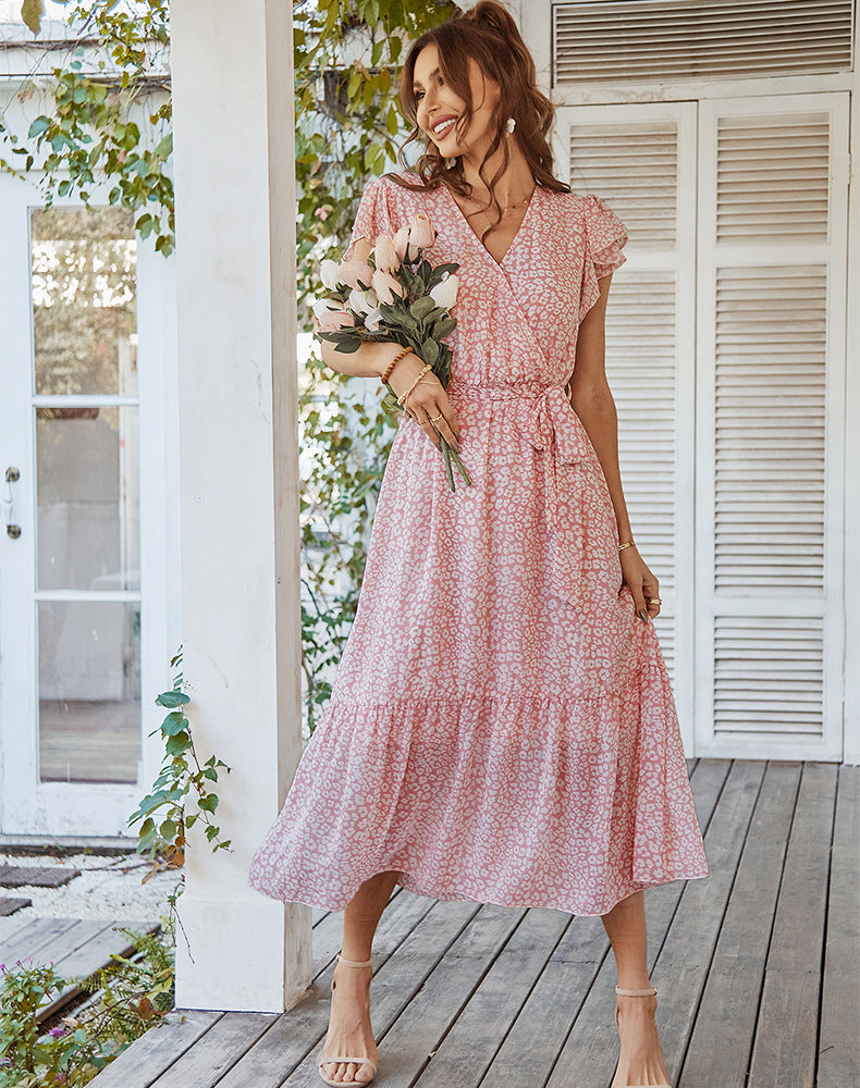 Floral Print V-Neck Flutter Sleeve Wrap Midi Dress