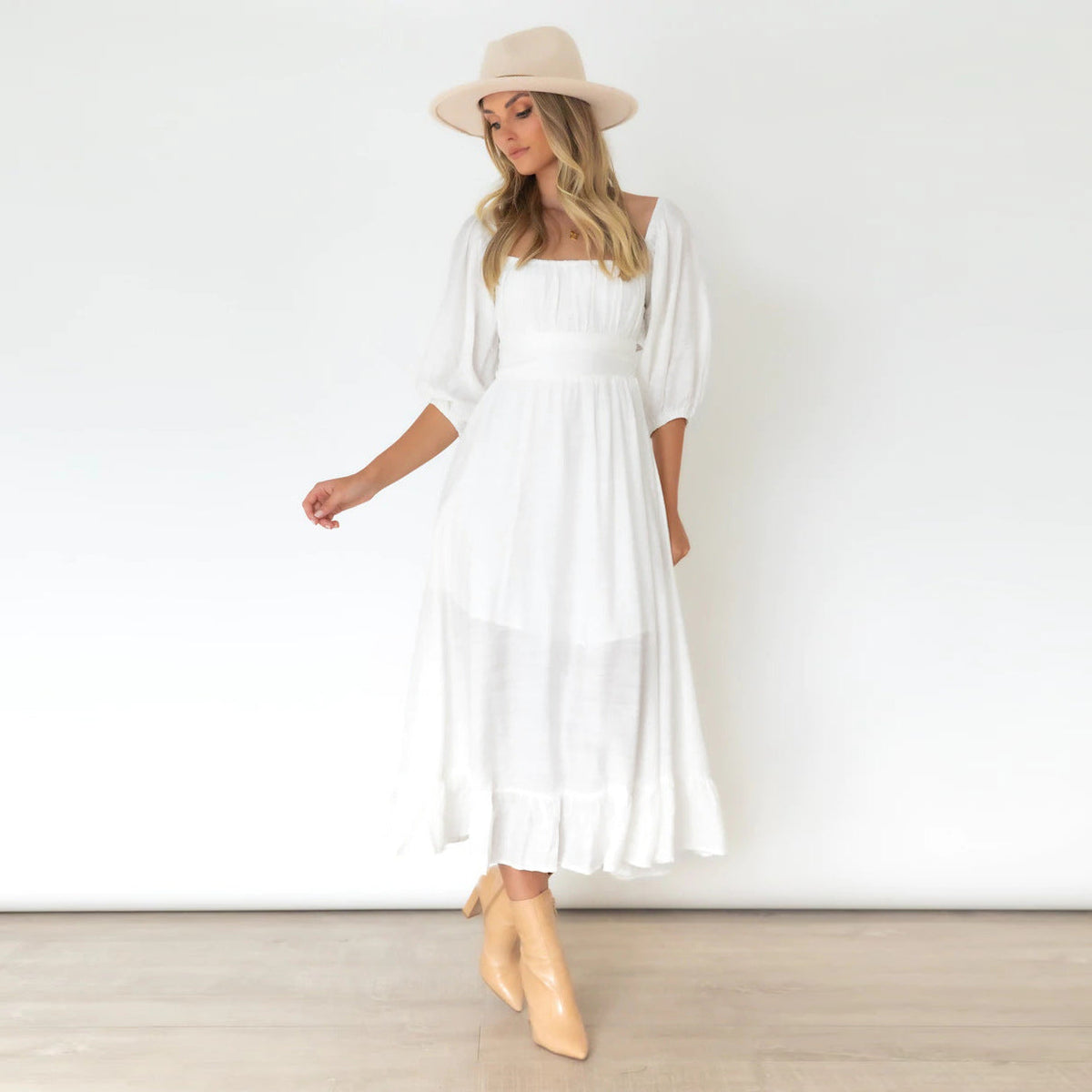 Square Neck Puff Sleeve Empire Waist Midi Dress