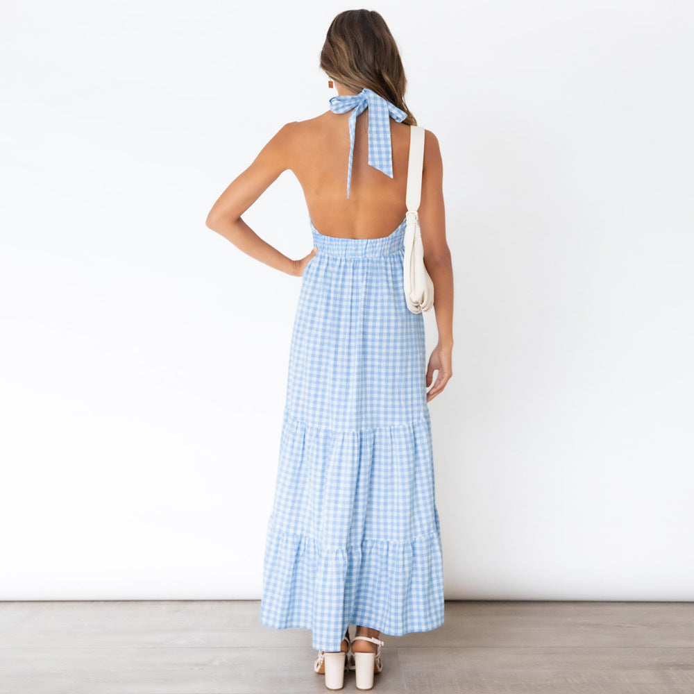 Gingham Halter Neck Cutout Tiered Maxi Dress 3