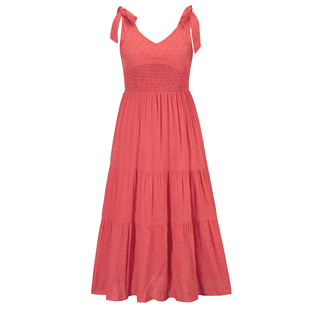 V-Neck Tie Shoulder Smocked Waist Tiered Maxi Dress