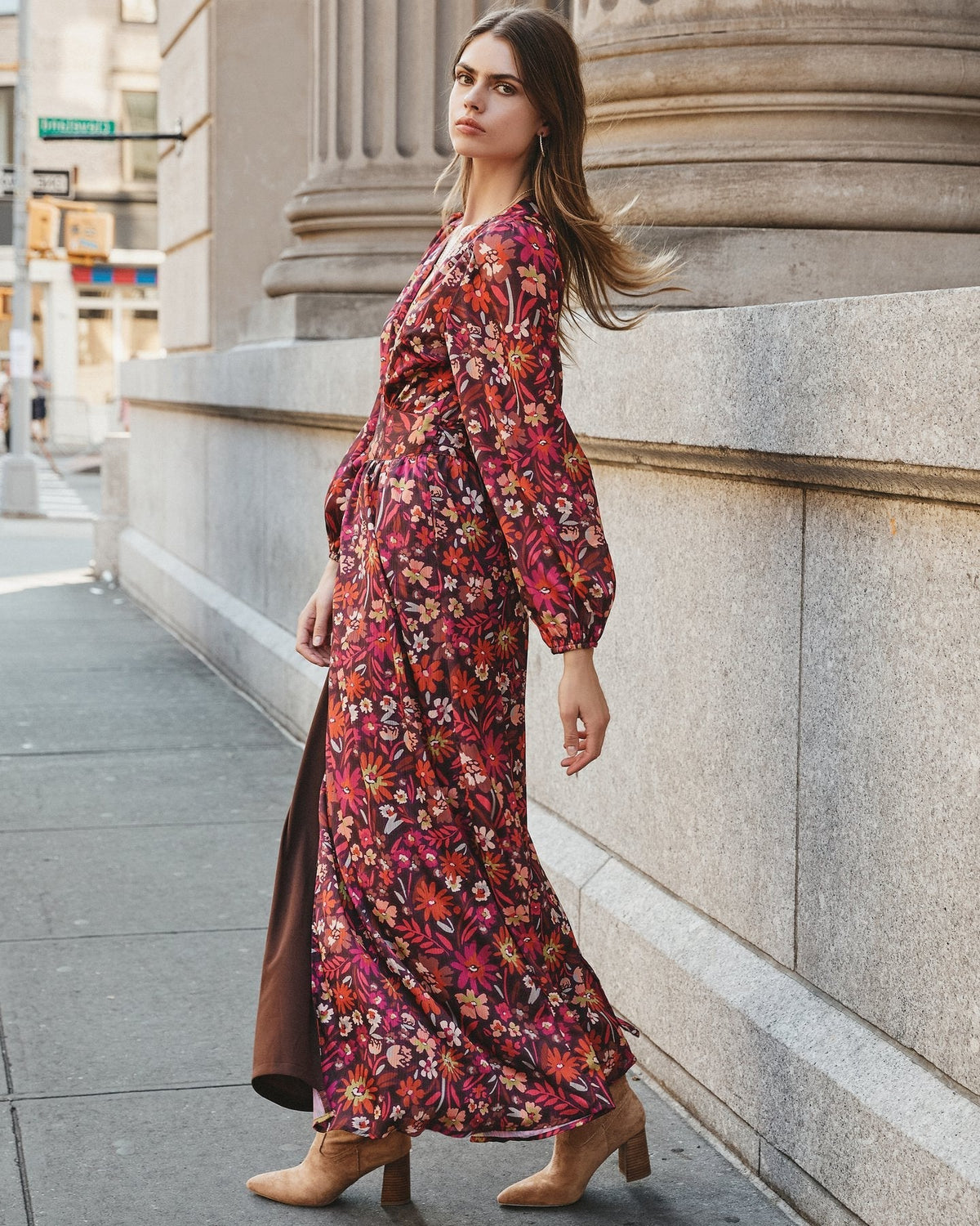 Floral Print V-Neck Long Sleeve Wrap Split Maxi Dress