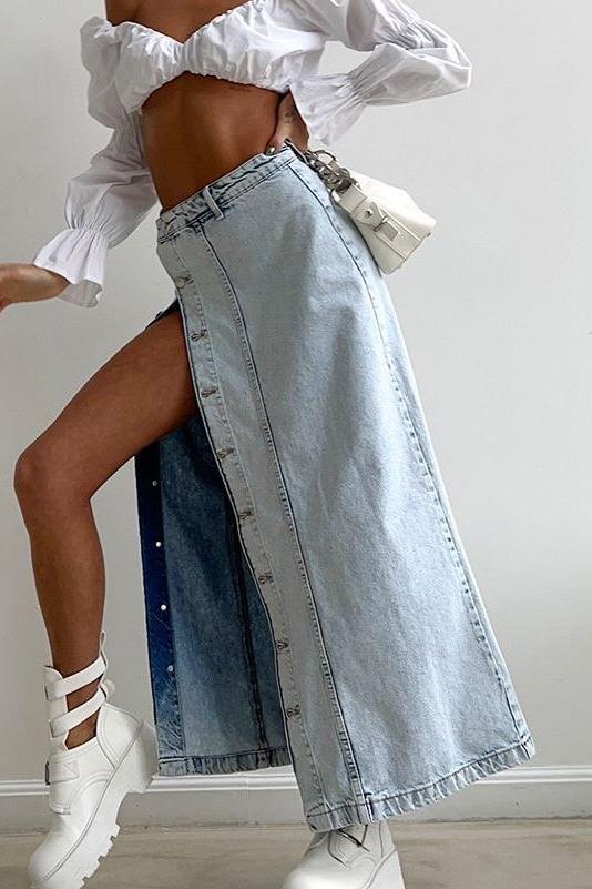 American retro slit denim long skirt