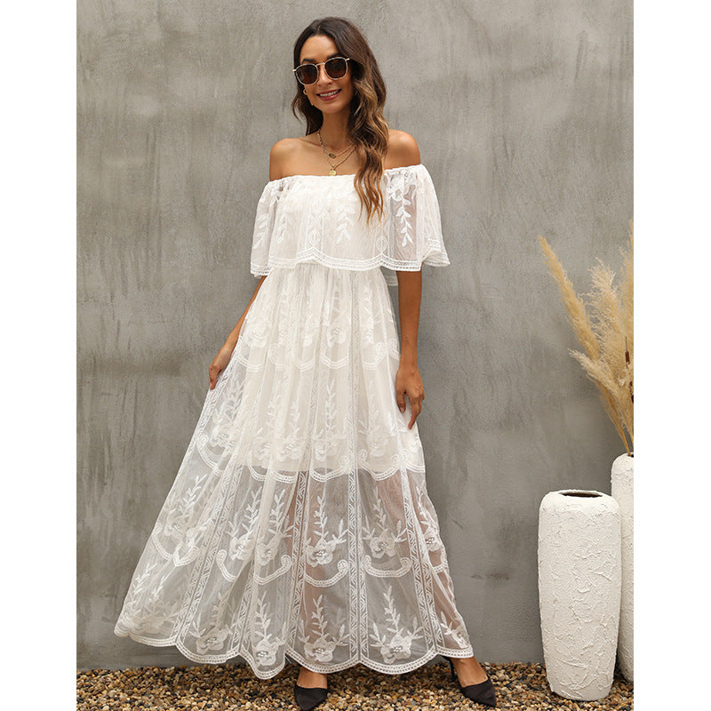 Embroidered Lace Off Shoulder Tiered Maxi Dress