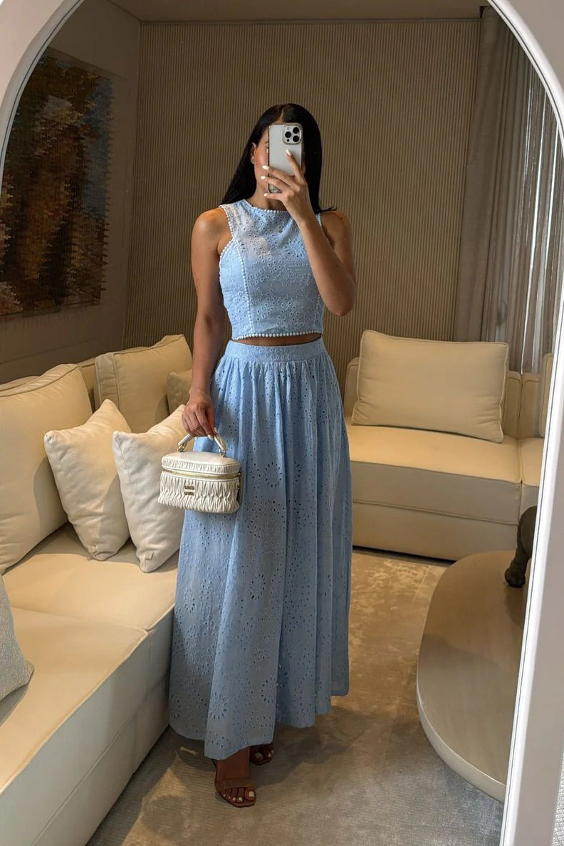 Vacation Sleeveless Vest Top Lace Skirt Two-Piece Set