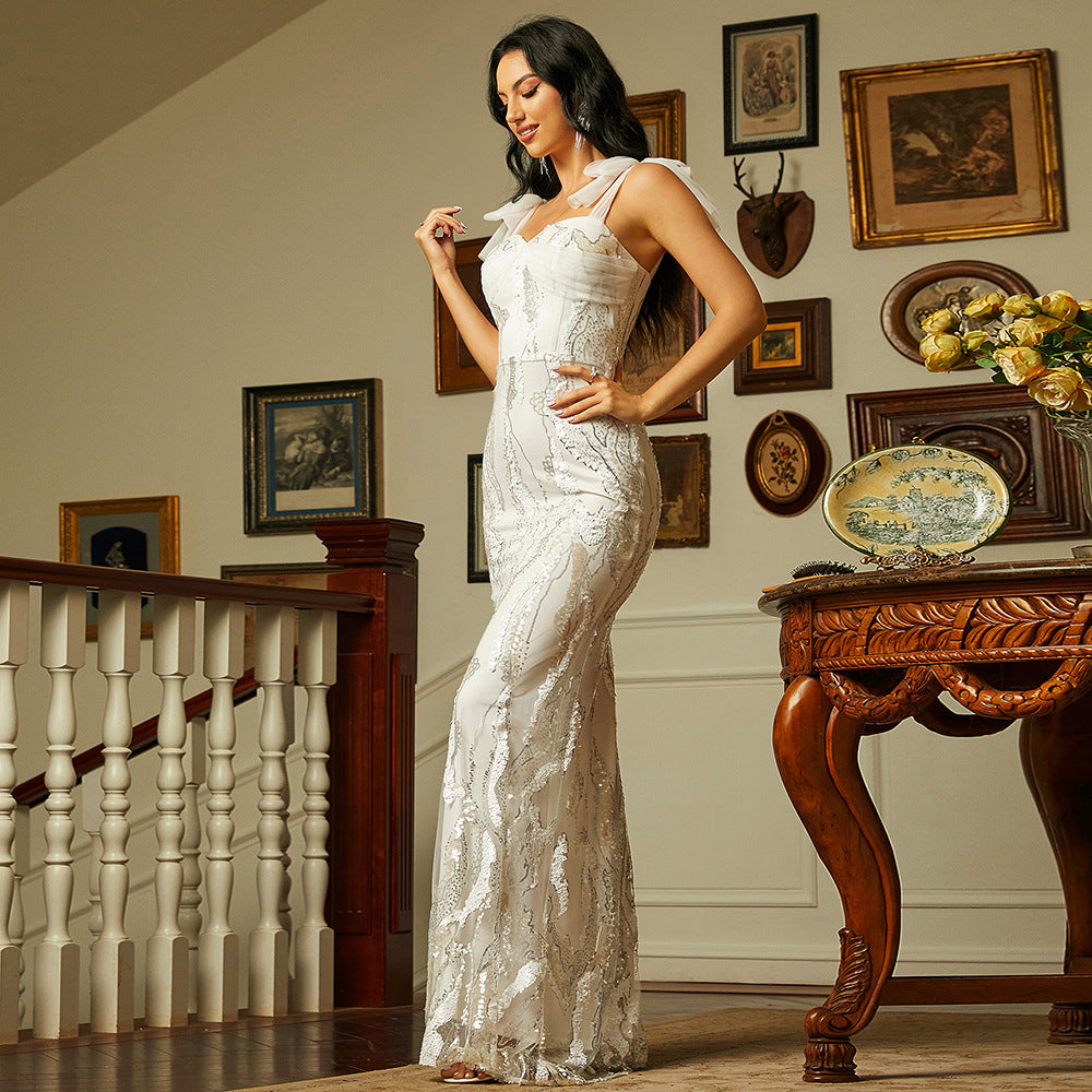 Sleeveless Elegant Long Sequined off Neck Backless Evening Dress Bridesmaid Dress Sequin Tie - Fashionpara