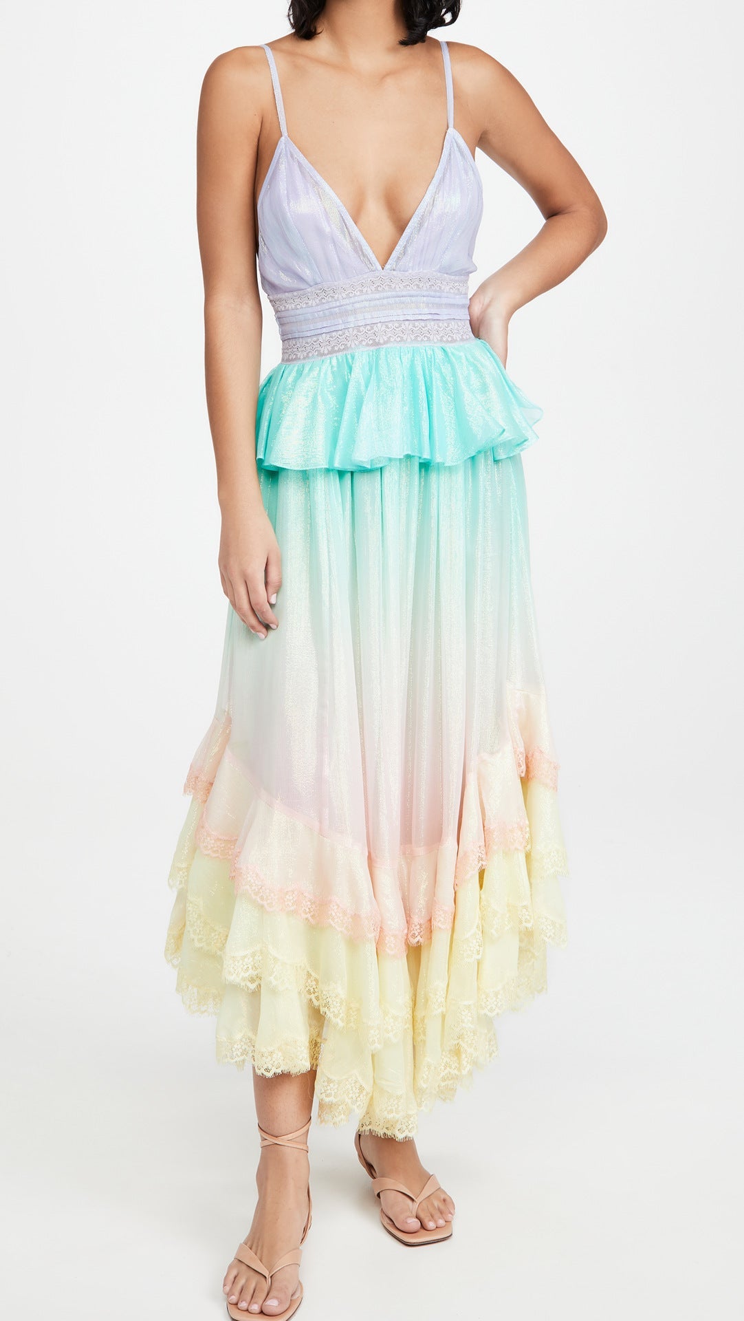 Metallic V-Neck Lace Trim Tiered Maxi Dress