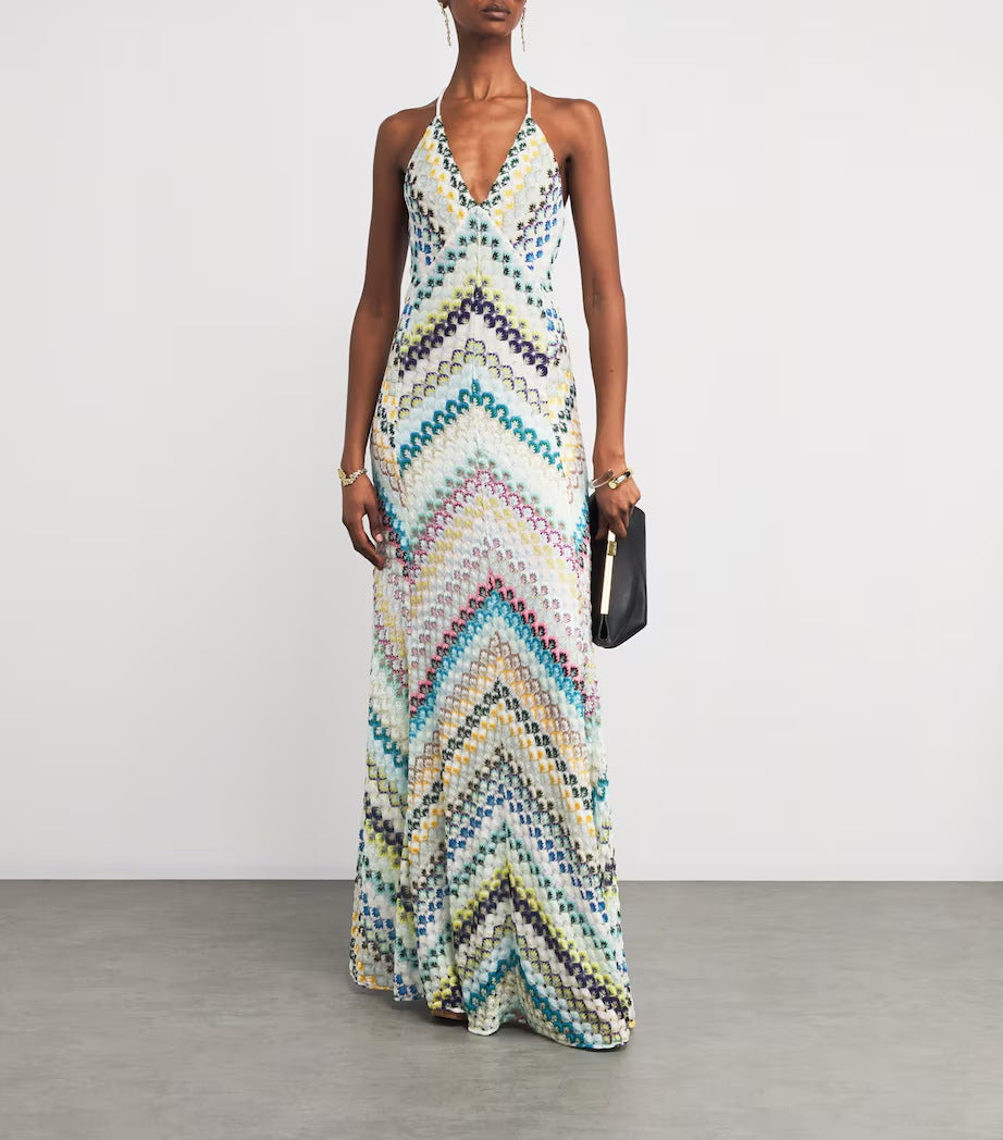 Bohemian halter-back printed hip-hugging long dress
