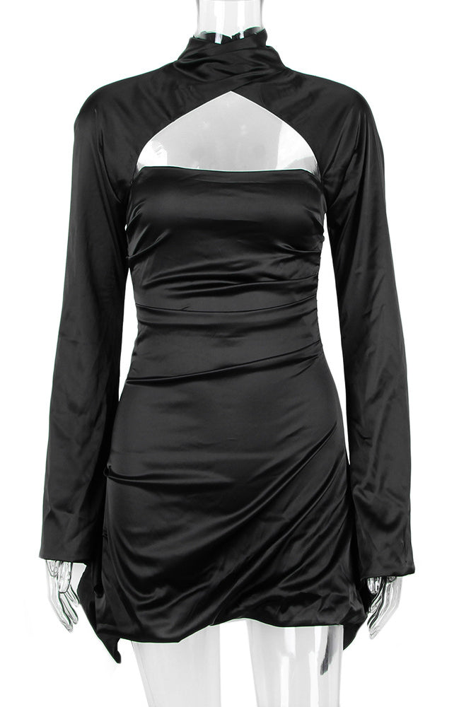 Satin Cowl Neck Long Sleeve Cut Out Ruched Bodycon Dress - View 4