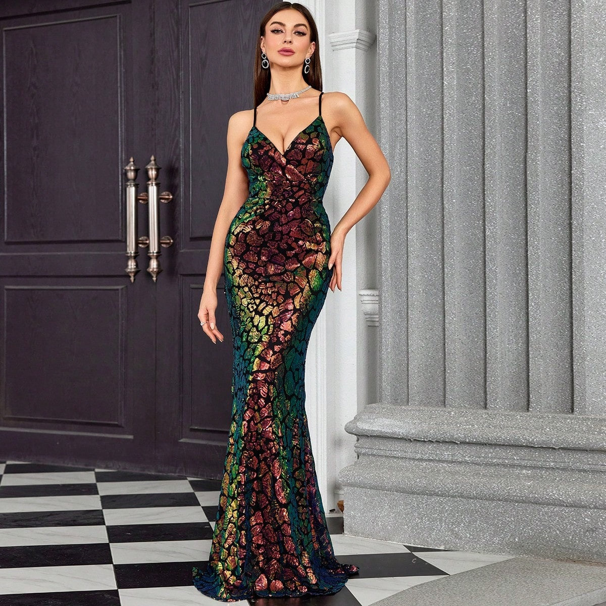 V neck Brace Evening Dress Fishtail Elegant Dress Annual Party Party Host Formal - Fashionpara