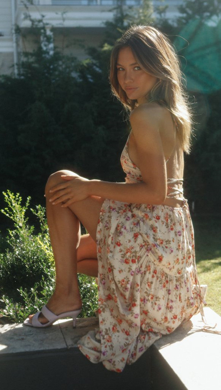 Floral Print Halter Neck Tiered Maxi Dress