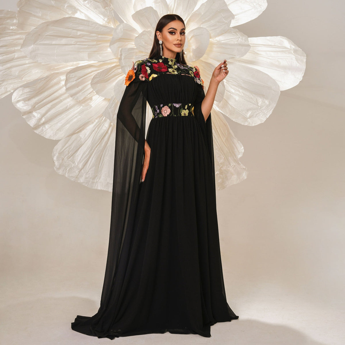 High Neck 3D Floral Applique Cape Sleeve Pleated Chiffon Maxi Gown - View 3
