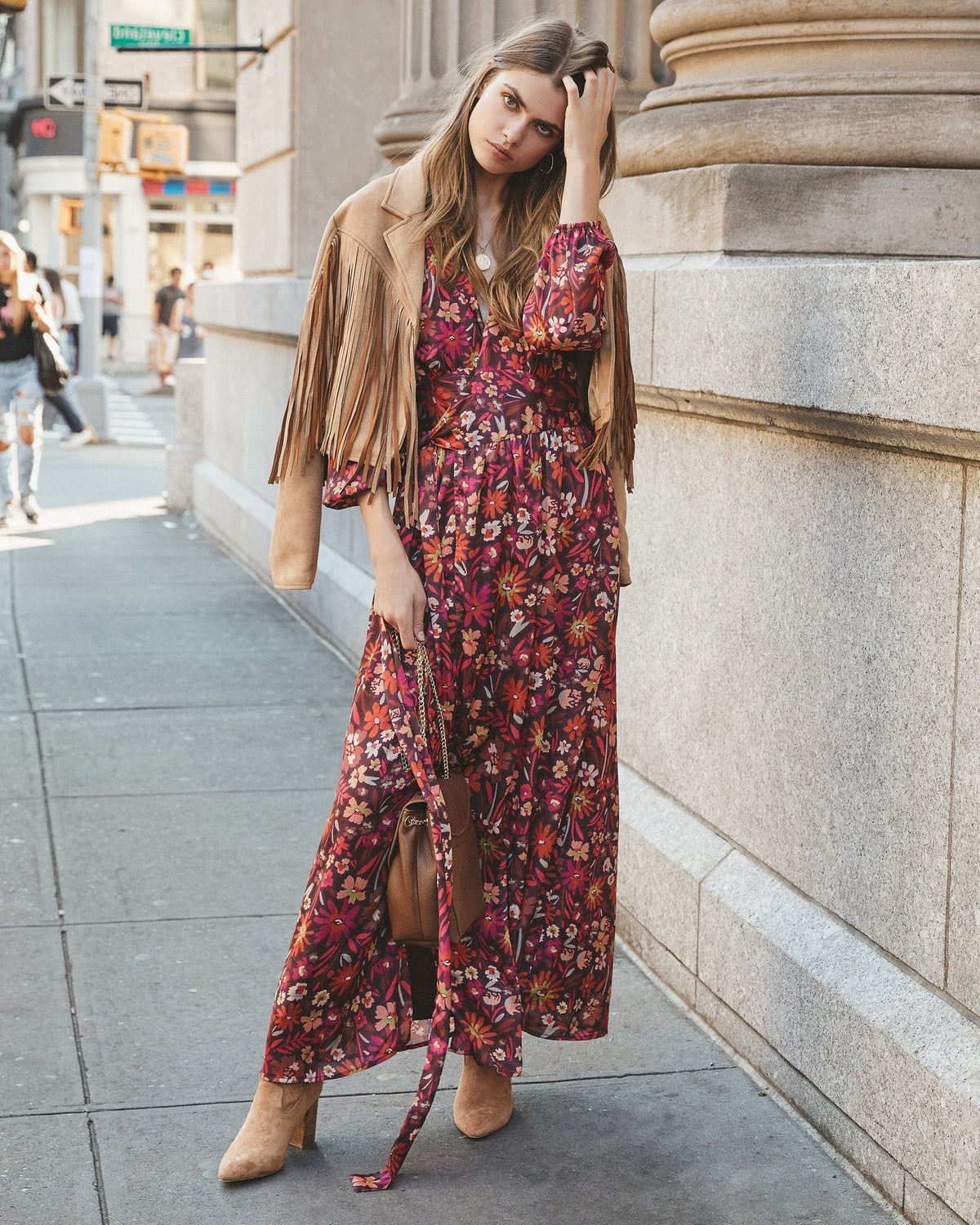 Floral Print V-Neck Long Sleeve Wrap Split Maxi Dress