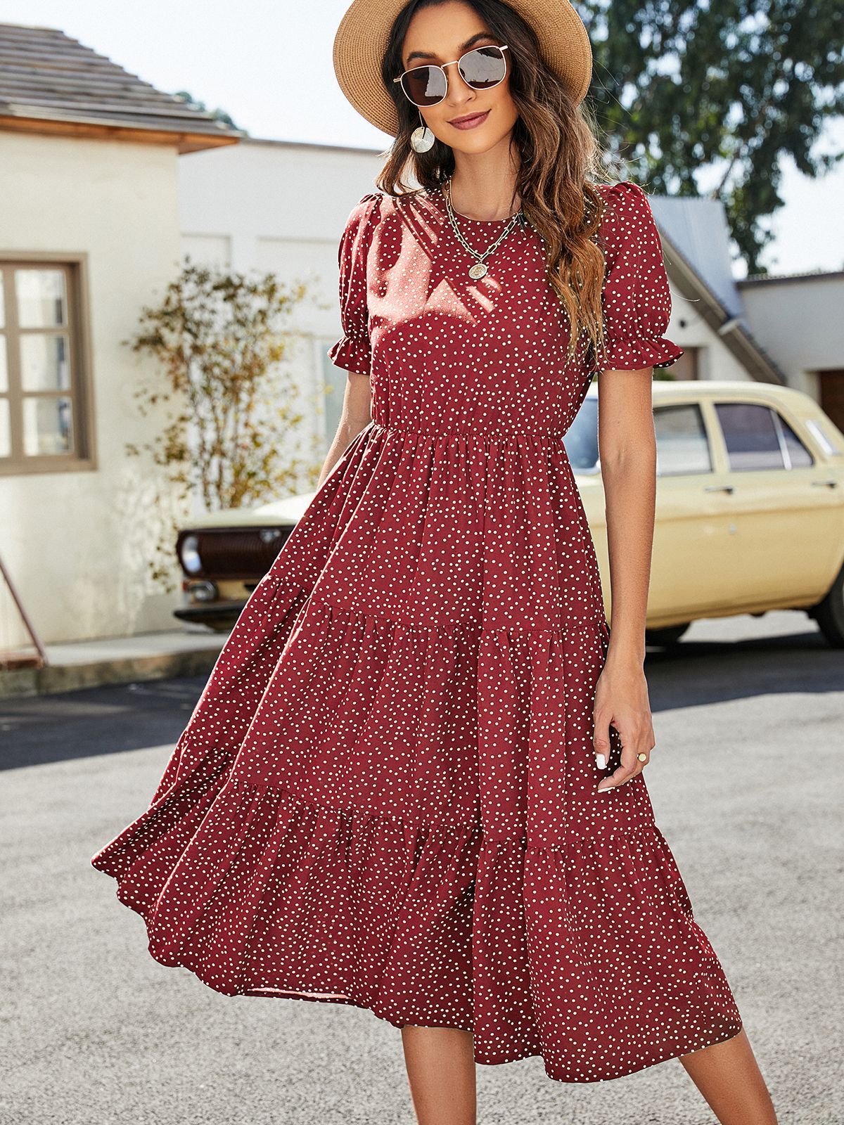 Polka Dot Round Neck Short Sleeve Tiered Midi Dress