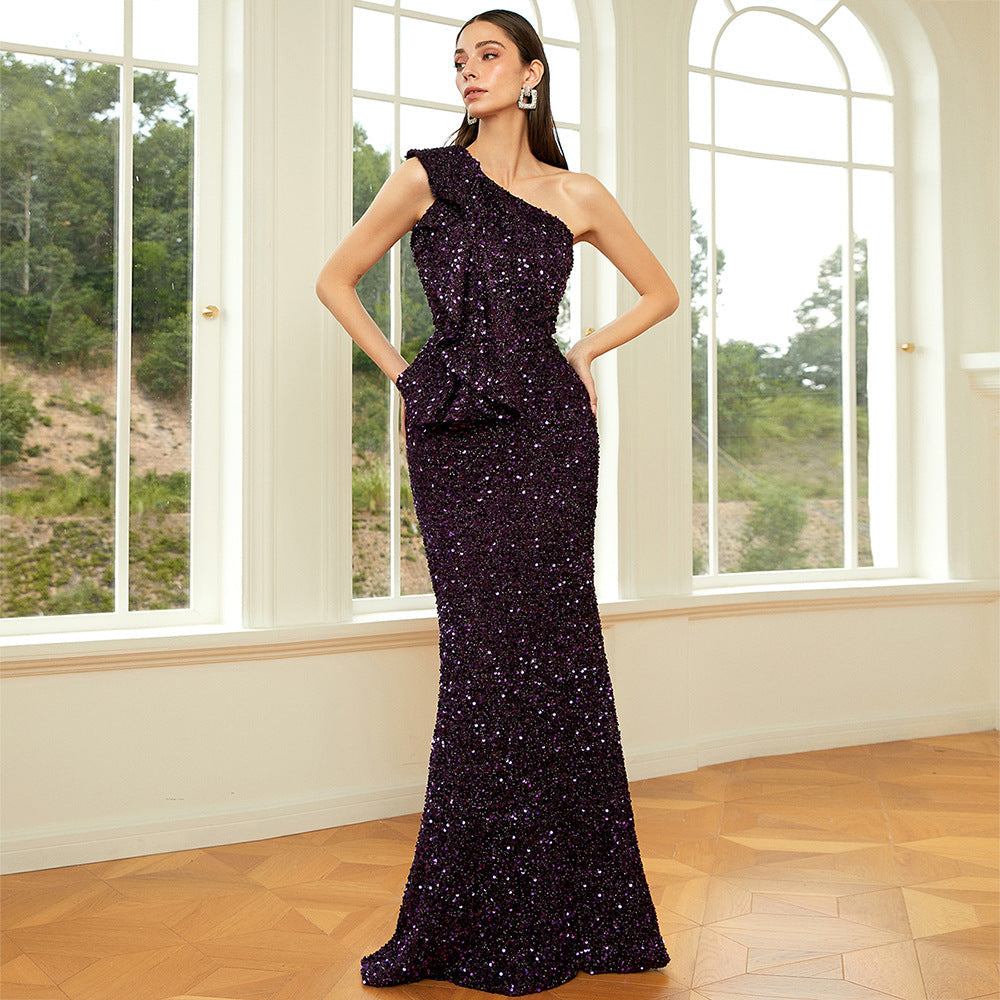 Sleeveless Elegant Long Sequined Diagonal Collar Backless Cocktail Evening Dress Bridesmaid - Fashionpara