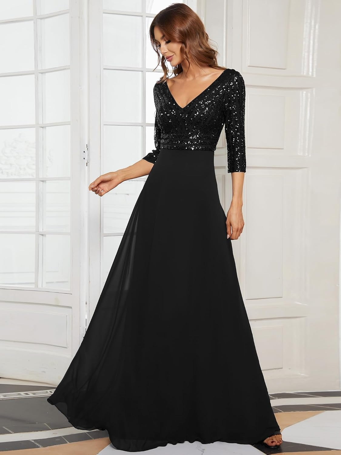 Middle East Chiffon Double V neck Dress A line Large Hem Sequin Stitching Evening Dress - Fashionpara