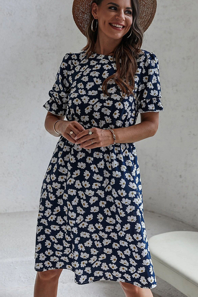 Floral Print Round Neck Puff Sleeve A-Line Midi Dress