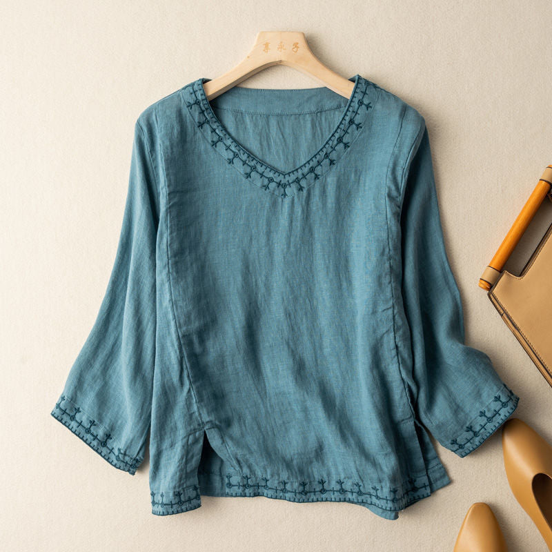 Embroidered V-Neck Three Quarter Sleeve Linen Look Top 3