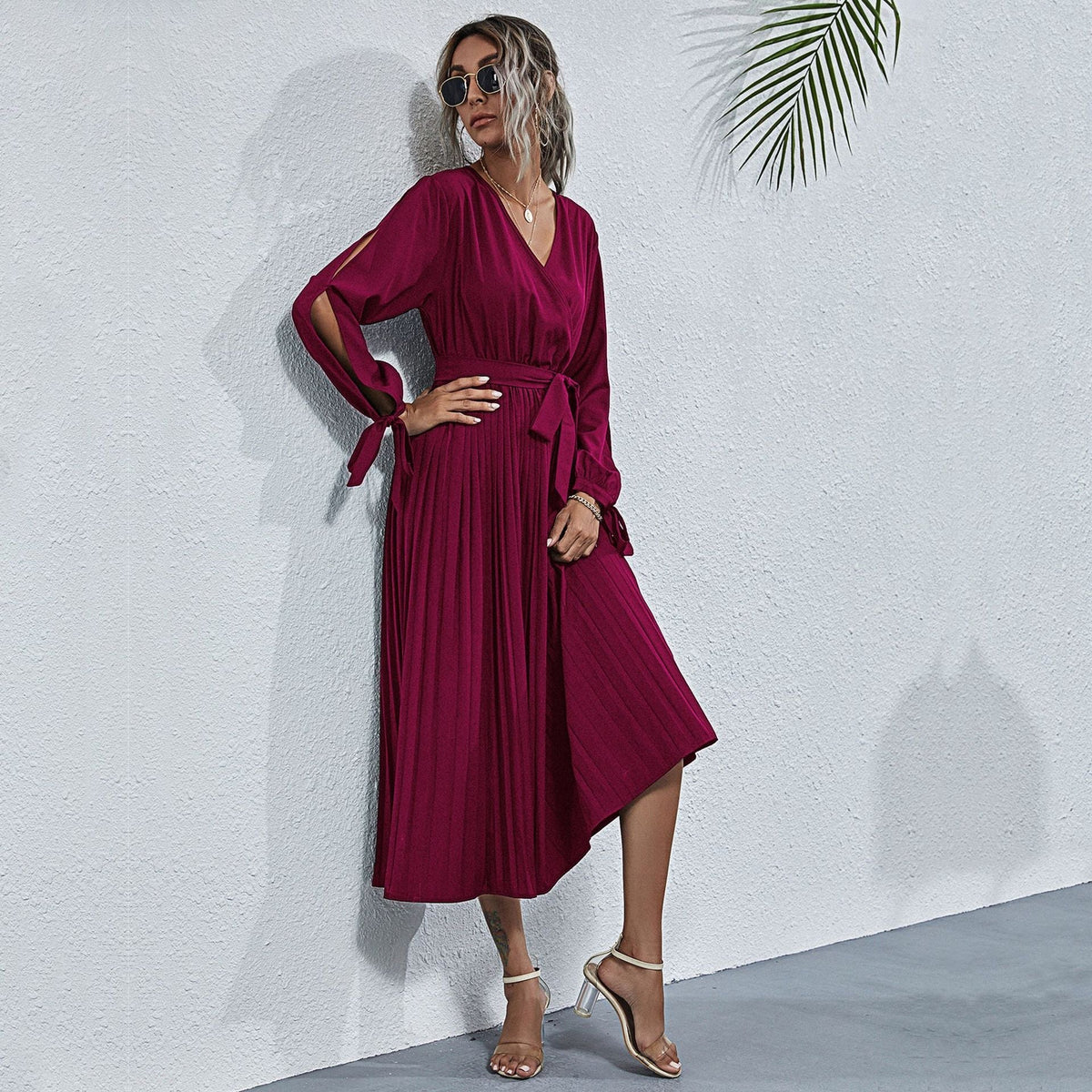 Pleated V-Neck Long Sleeve Wrap Midi Dress