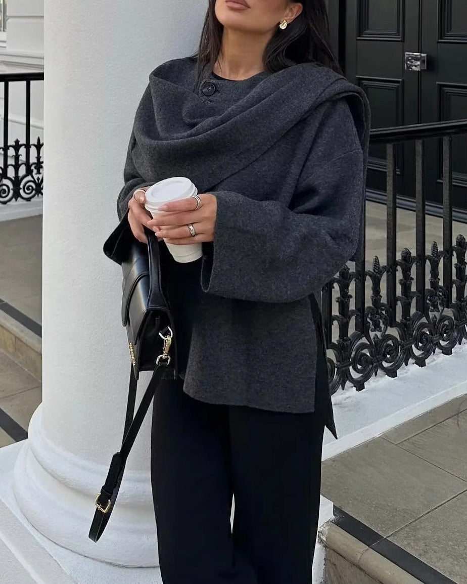 ShoptheCIC Cropped Knitted Jacket with Asymmetric Scarf Detail