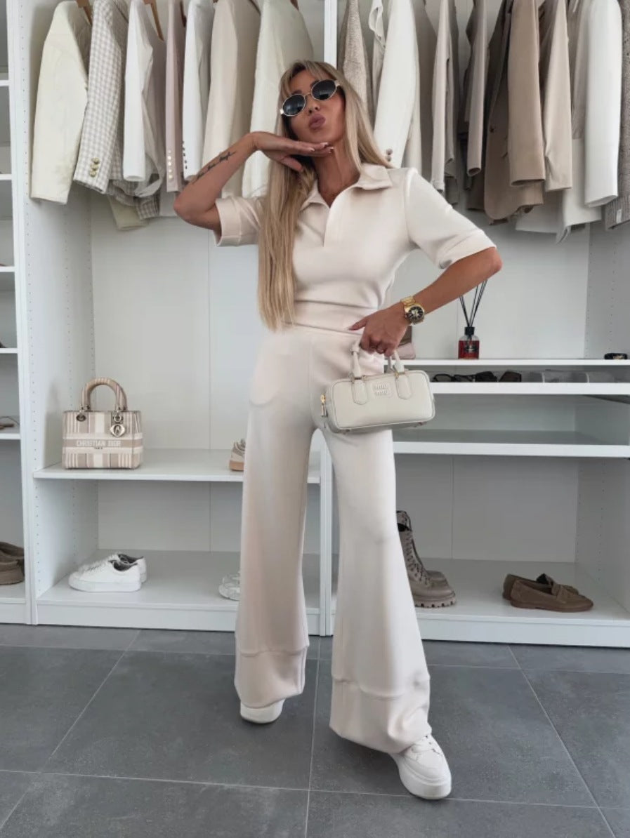 Solid color short-sleeved lapel top and high-waisted wide-leg pants two-piece suit