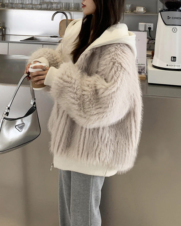 Luxurious Hooded Faux Fox Fur Jacket for Elegant Warmth