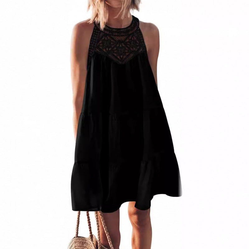 Hollow Lace Stitching Halter Neck A-Line Dress