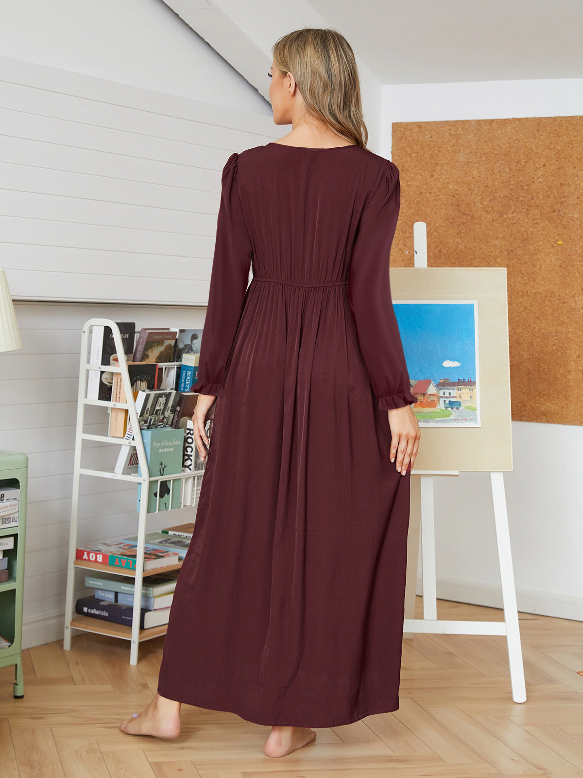 Lace V-Neck Long Sleeve Empire Waist Maxi Dress