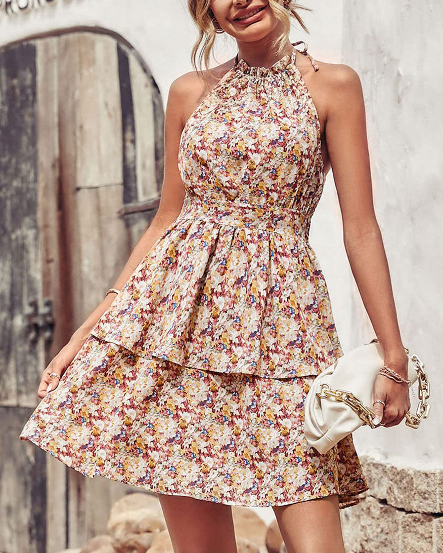 Halter Neck Backless Floral Sleeveless Dress