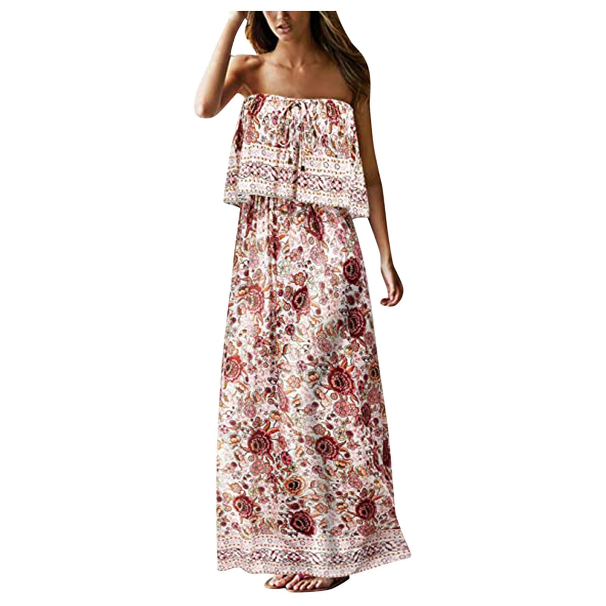 Floral Print Strapless Flounce Tiered Maxi Dress