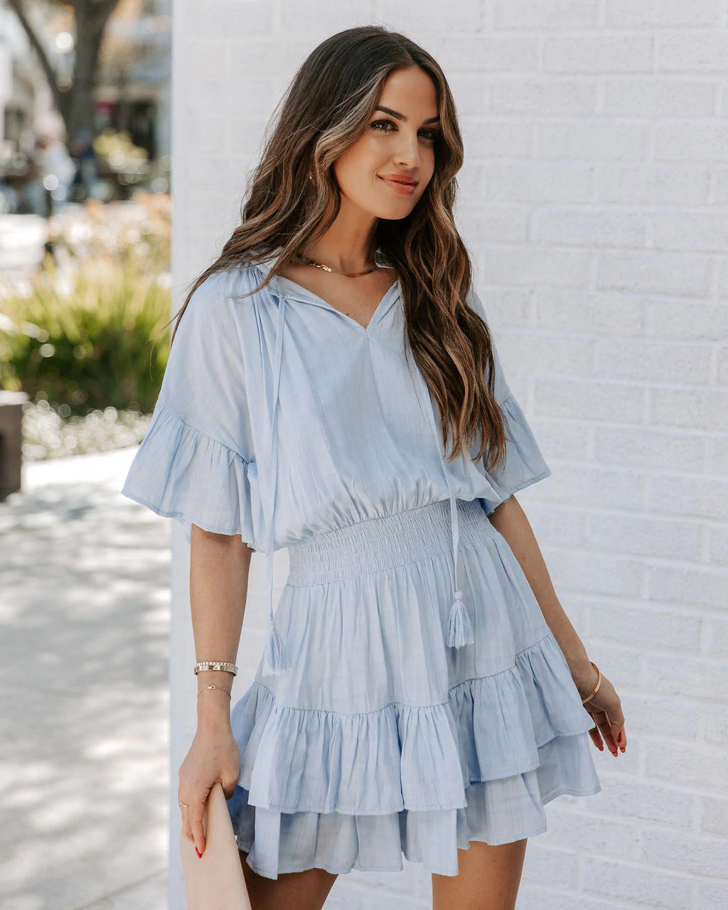 Short Sleeve Smocked Waist Tiered Mini Dress