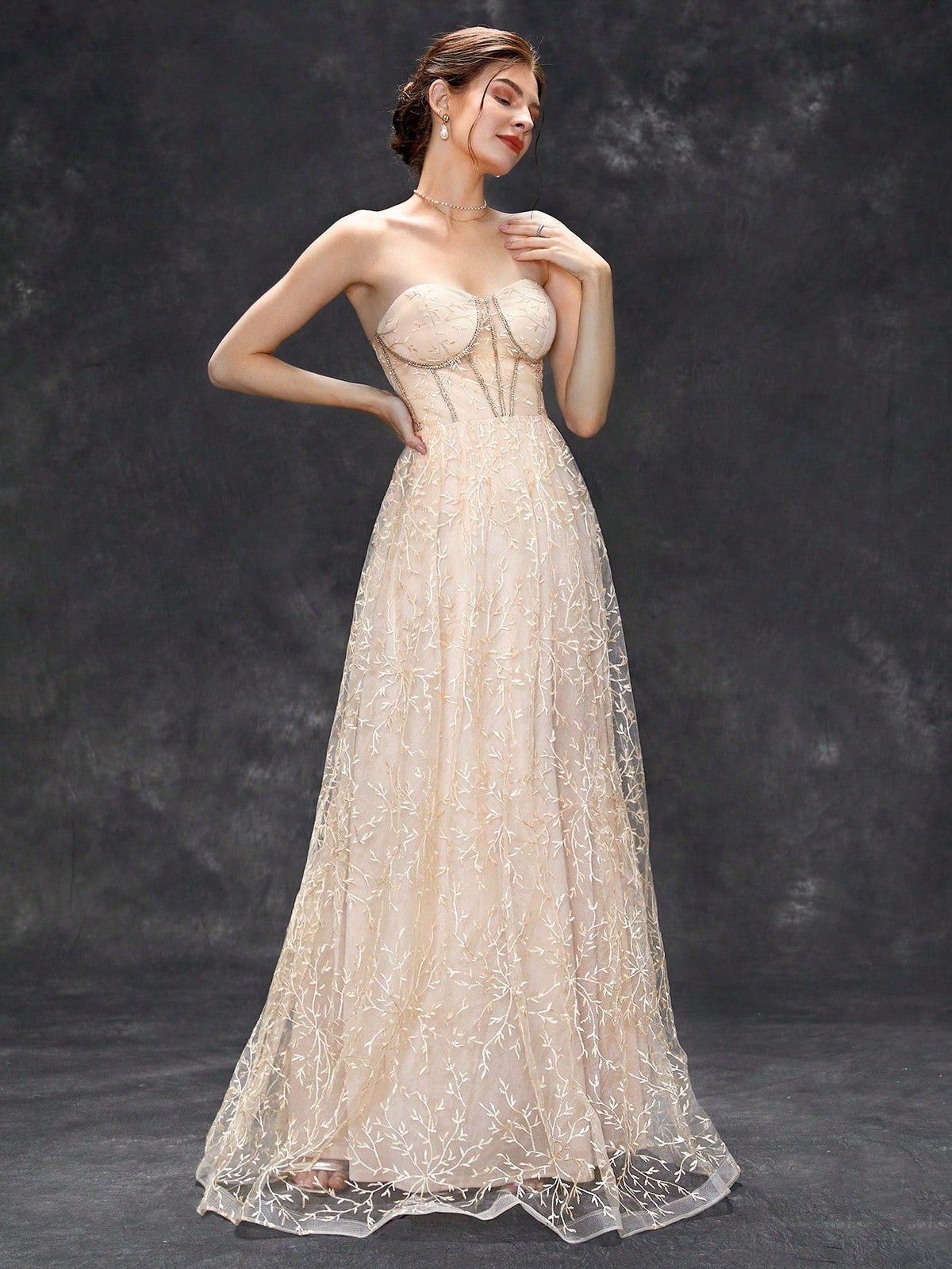 Strapless Sweetheart Corset Embroidered Tulle A-Line Maxi Dress - View 2