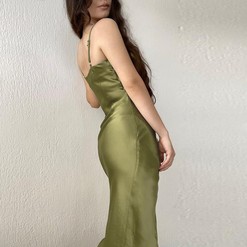 Satin Cowl Neck Spaghetti Strap Ruched Bodycon Dress