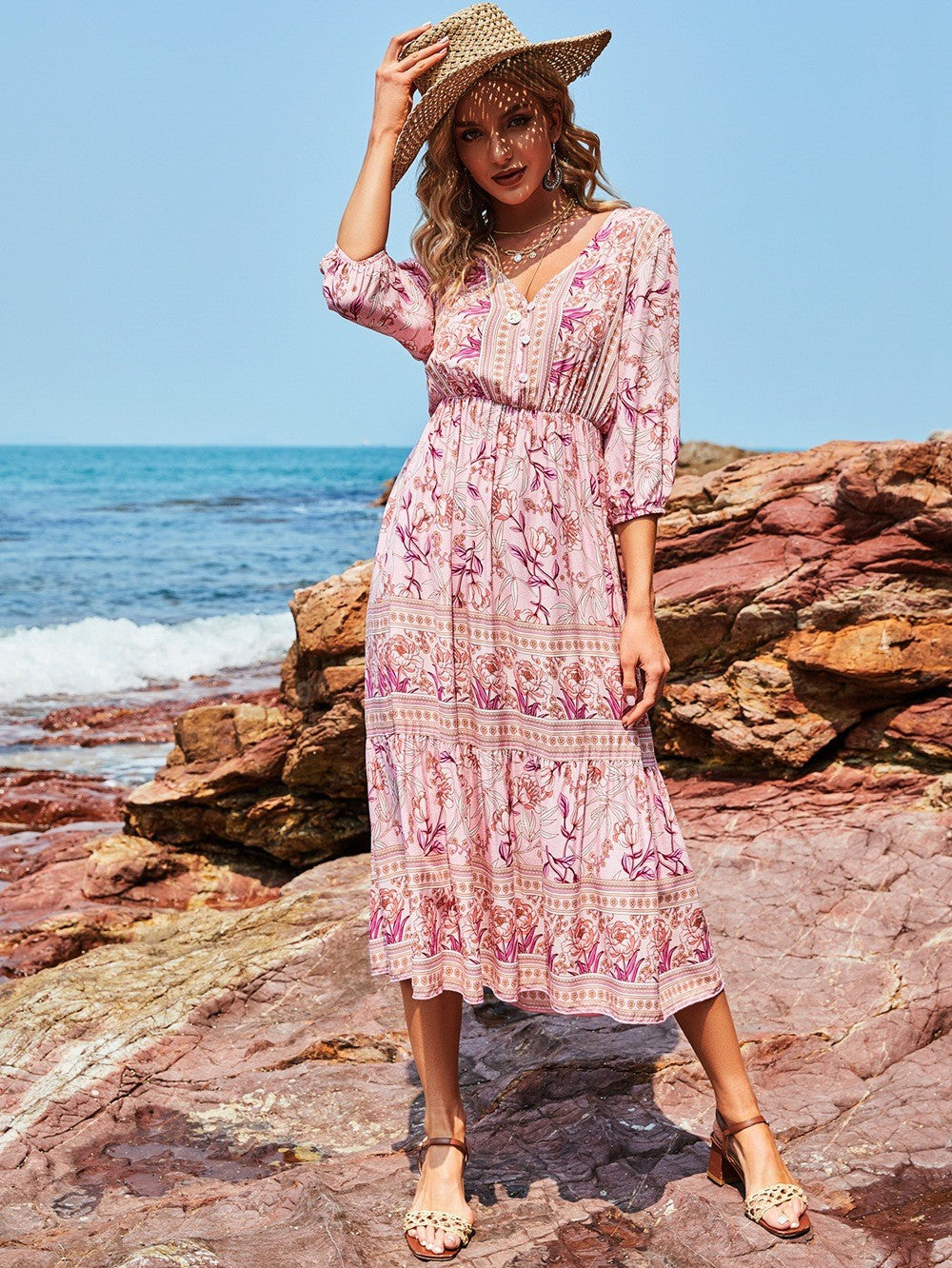 Floral Print V-Neck Tiered Boho Midi Dress