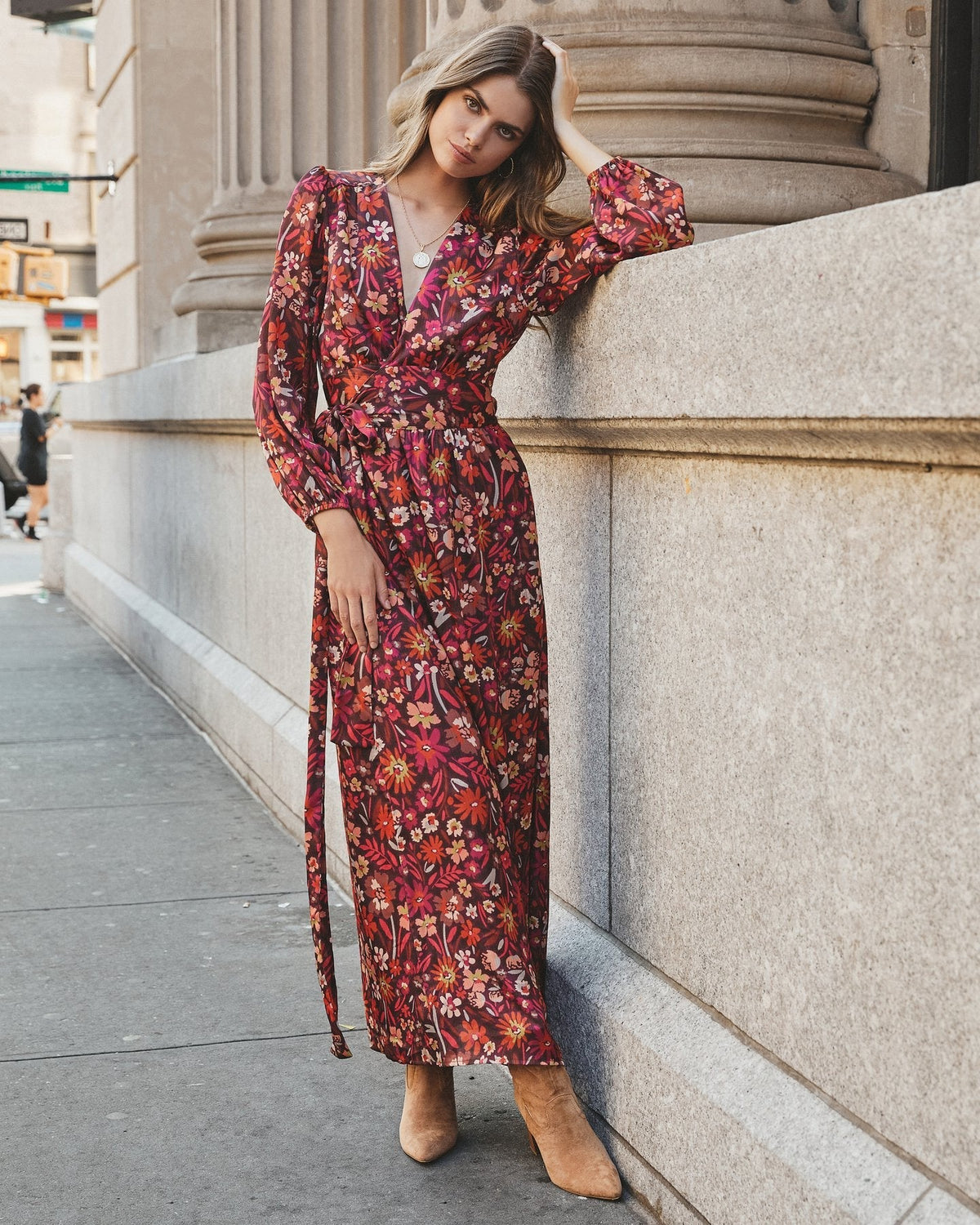 Floral Print V-Neck Long Sleeve Wrap Split Maxi Dress