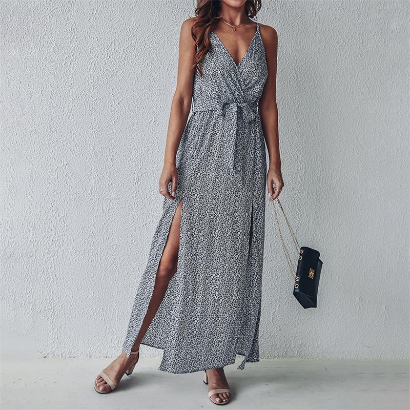 Floral Print V-Neck Wrap Spaghetti Strap Slit Maxi Dress
