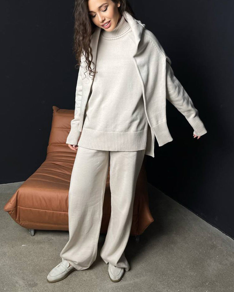 Chic Solid Color Turtleneck Sweater and Trouser Set