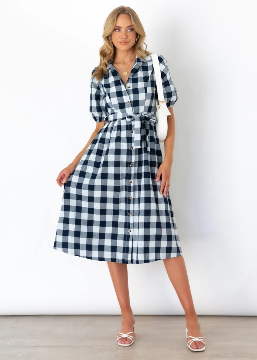 Gingham Collared Puff Sleeve Button-Down Midi Dress