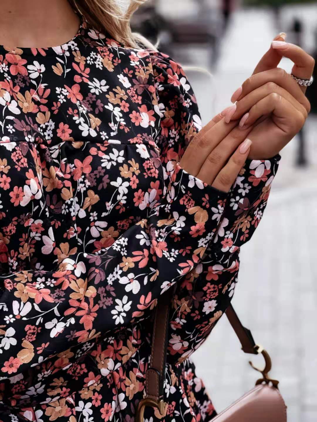 Floral Long Sleeve High Neck Tiered Ruffle Mini Dress - View 4