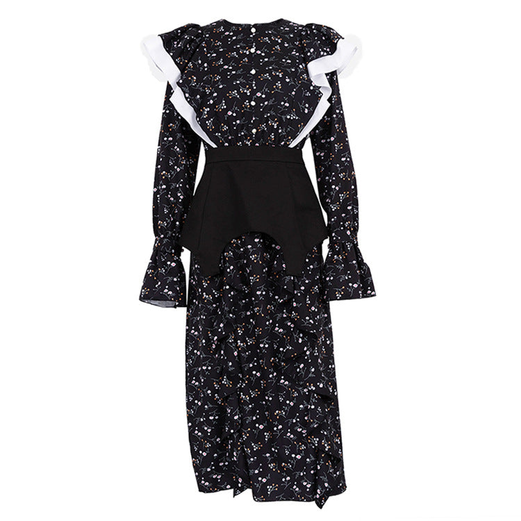 French Design Long Sleeve Dress Detachable Waist Seal Casual Floral Dress - Fashionpara