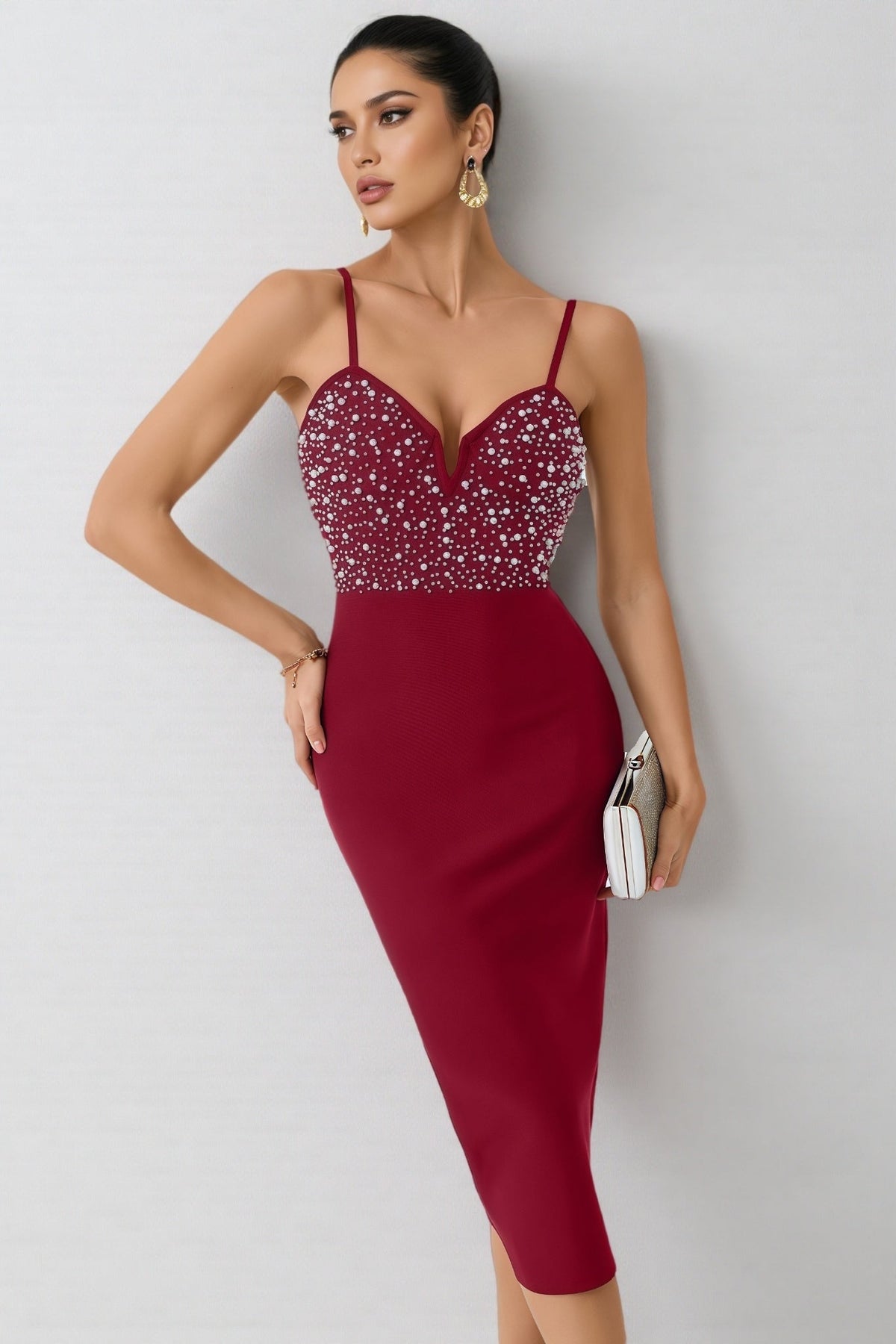 Beaded Sweetheart Cut Out Spaghetti Strap Bodycon Midi Dress - View 6