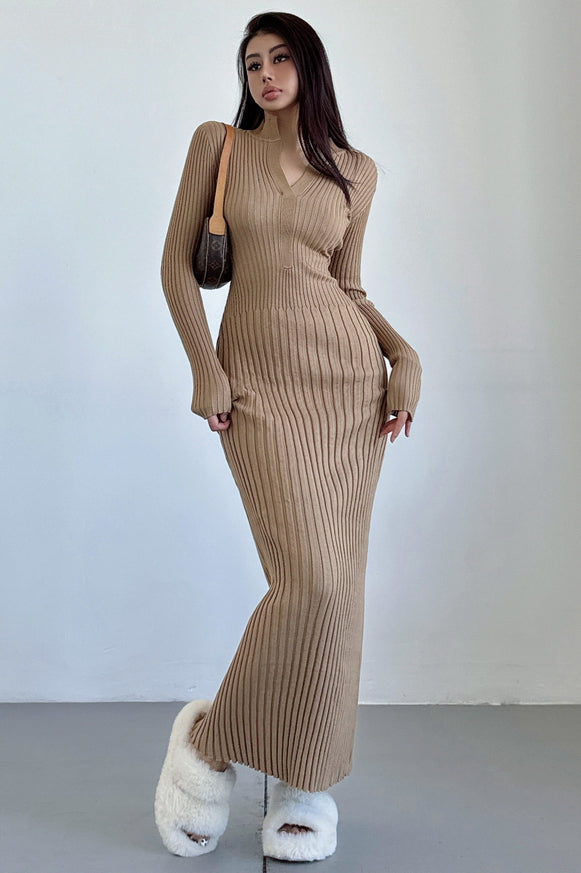 V-Neck Long Sleeve Knit Sweater Dress for Effortless Style