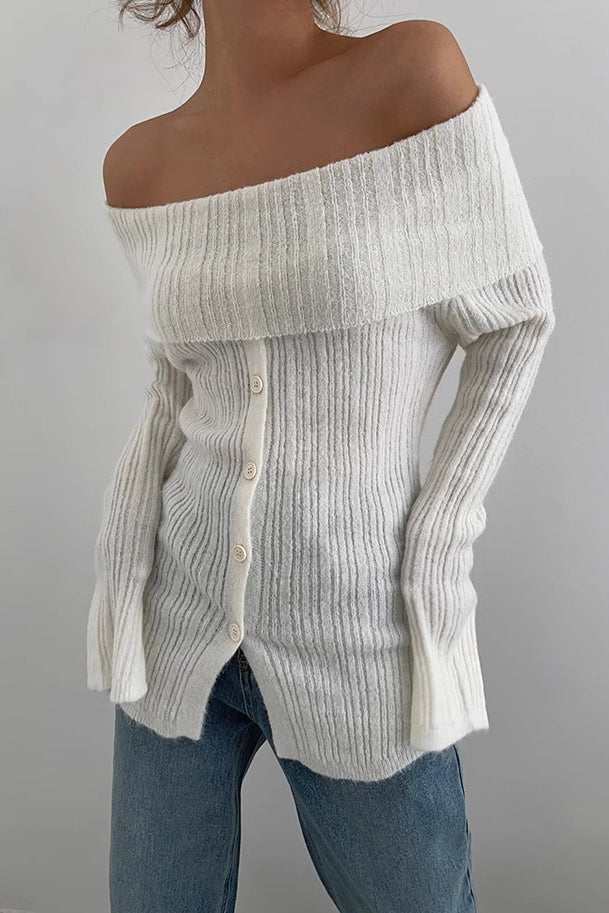 Off Shoulder Ruched Sweater with Buttoned Front Detail