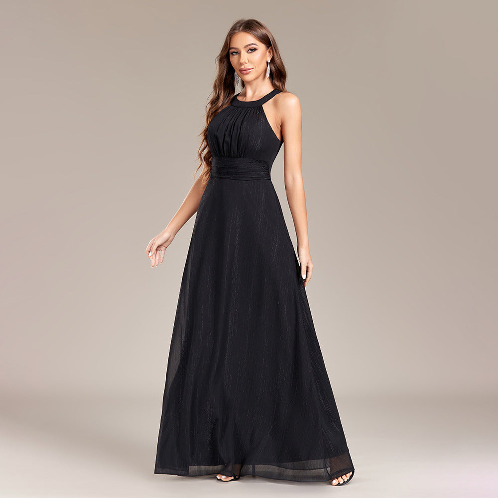 Halter Neck Pleated Waist Chiffon A-Line Maxi Gown - View 4