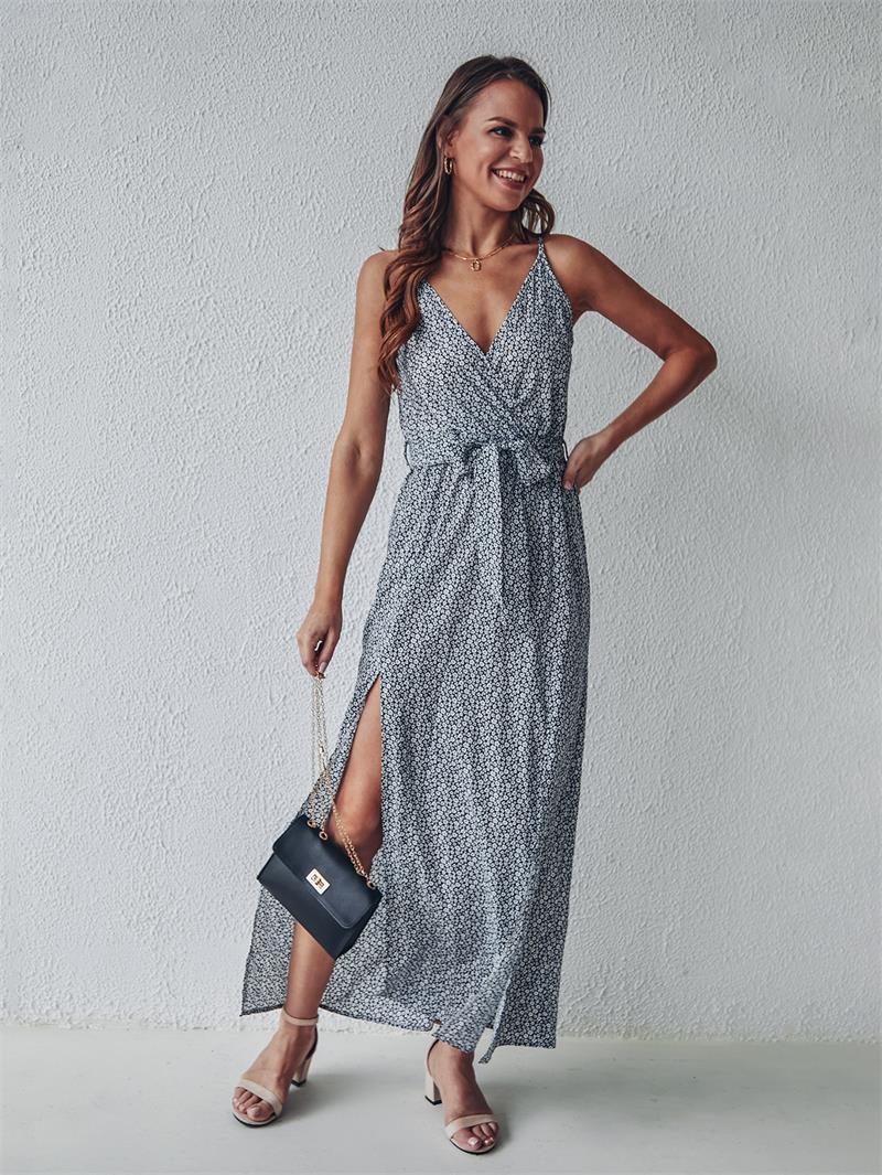 Floral Print V-Neck Wrap Spaghetti Strap Slit Maxi Dress