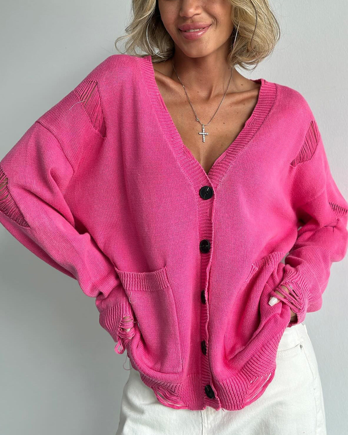 Cozy Distressed V-Neck Wool Cardigan for Effortless Style