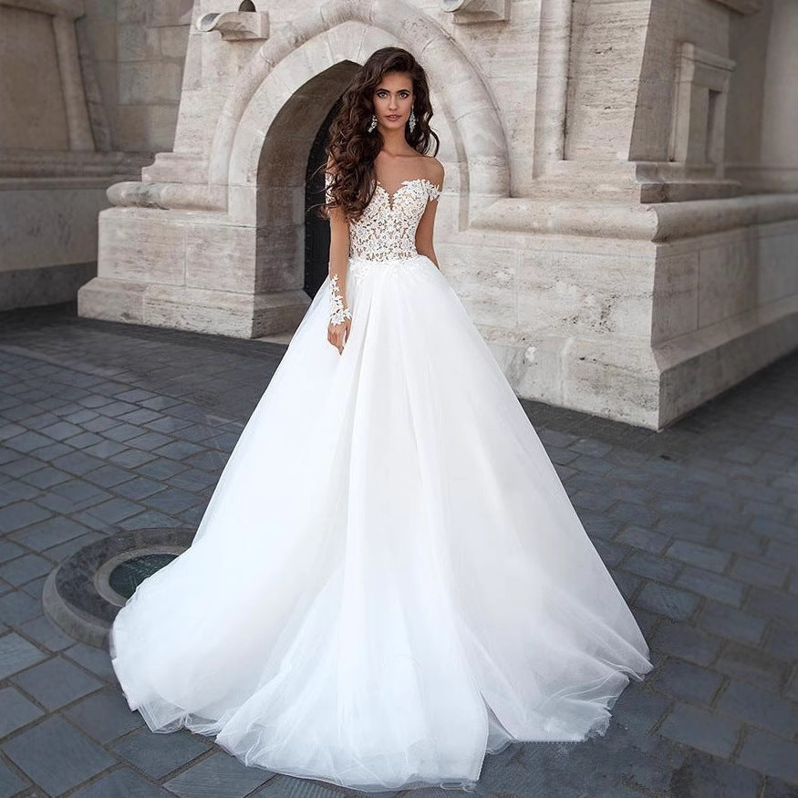 Off-Shoulder V-Neck Sheer Wedding Dress