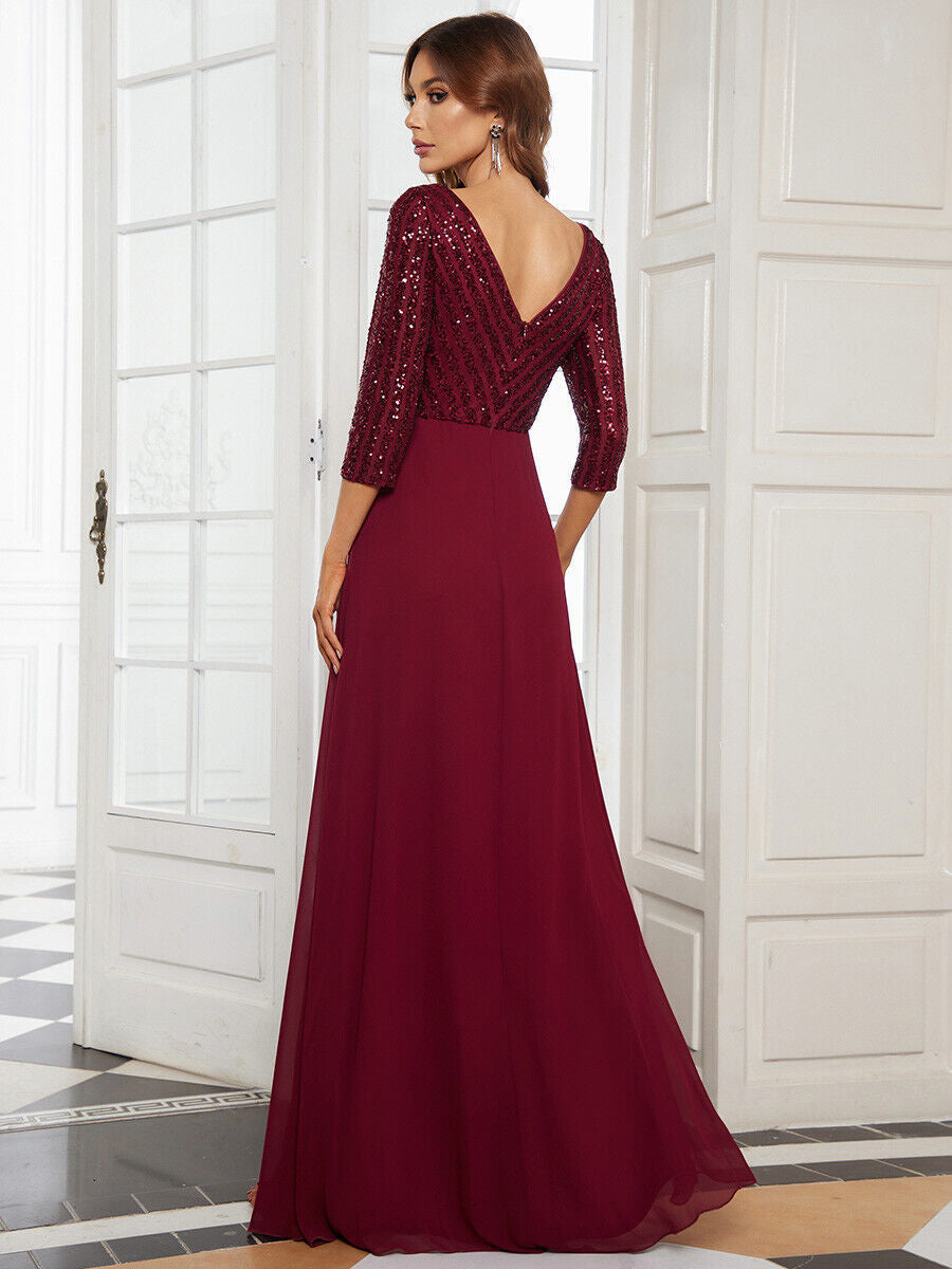 V Neck Long Formal Dress with Sequins - Red - Fashionpara